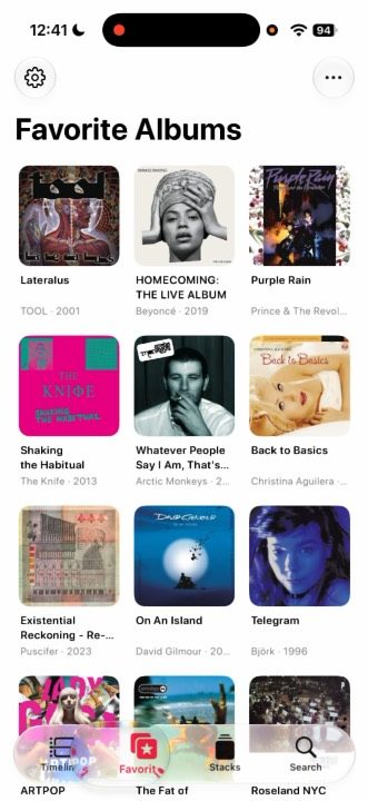 Favorites in a compact grid, with title, artist, and year.